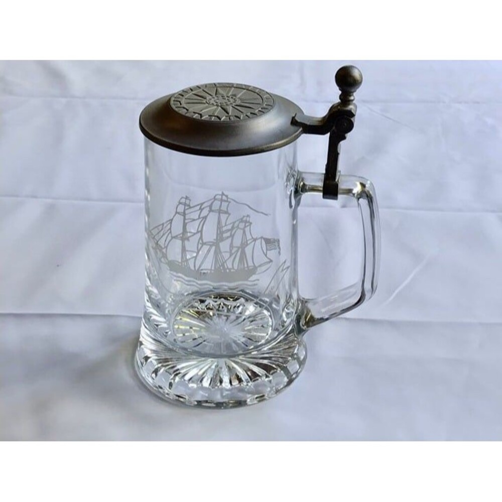 Alwe Etched Glass Beer Stein Tankard Lidded Salem Ship Grand Turk 1786 Germany